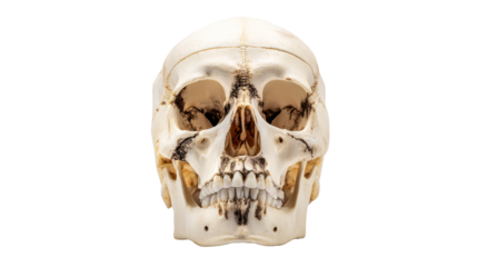 Realistic human skull model on transparent background medical study anatomy science close-up view
