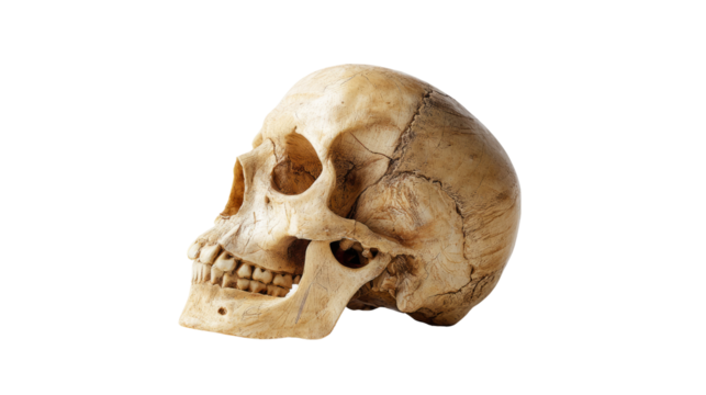 Human skull anatomy study laboratory educational image isolated with transparent background side view