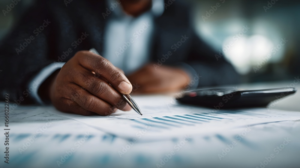 Poster a financial advisor reviewing charts and documents on a desk long title a financial advisor examinin
