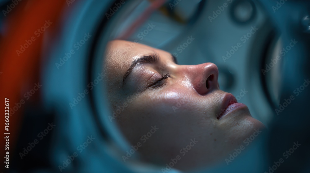 Poster medium composition centering on the calm expression of an individual resting peacefully within the h