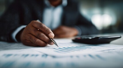 A financial advisor reviewing charts and documents on a desk  long title A financial advisor examining business data charts and reports on a