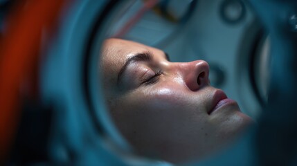 Medium composition centering on the calm expression of an individual resting peacefully within the hyperbaric chamber the surrounding equipment subtly blurred to highlight renewal.