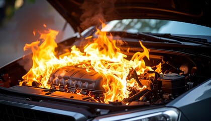 Car Engine Fire with Roadside Emergency.