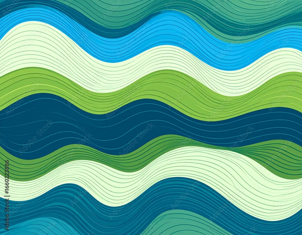 Poster a visually engaging design features repeating wavy lines in shades of blue, green, and white, creati