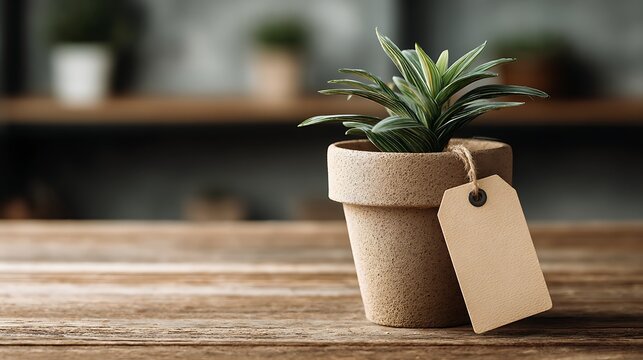 Biodegradable brown flower pot with green plant and eco tag displayed with blank tag for customization visuals