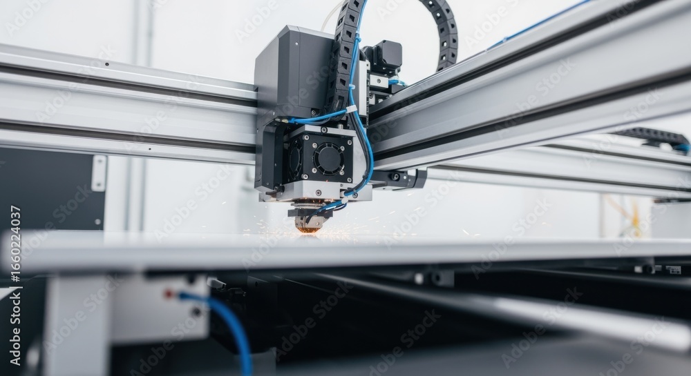 Poster slowmotion capture of the print head traveling across a largeformat 3d printer gantry as it performs