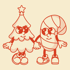 Festive Christmas tree and candy cane mascot duo. Bright retro vector design for holiday branding and Xmas decorations