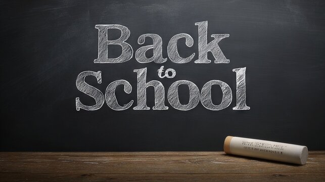 Back to school chalkboard with bold chalk lettering and single chalk piece on wooden desk symbolizing traditional classroom education