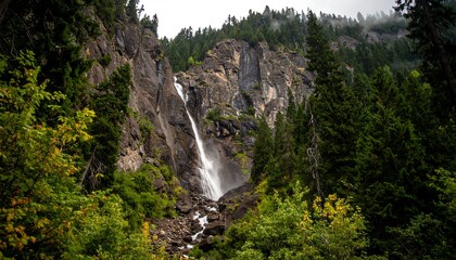 A dramatic waterfall cascades down a rocky cliff face, surrounded by lush forest.