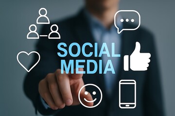 Businessman interacting with social media icons and symbols on a gray background