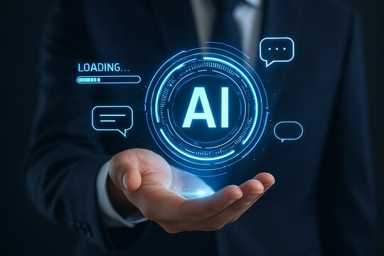 Man in suit holding glowing AI logo with loading bar and chat icons