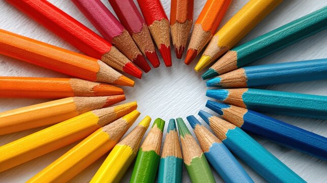 Vibrant circle of sharpened colored pencils arranged in rainbow spectrum forming creative back to school artistic learning inspiration - Powered by Adobe