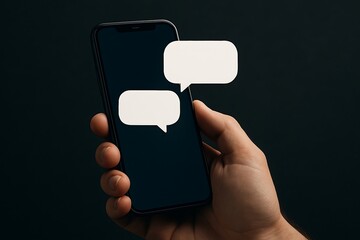 Hand holding smartphone with speech bubbles on screen in dark background