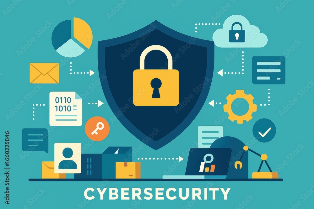 Poster conceptual illustration of cybersecurity measures protecting data and systems from cyber threats