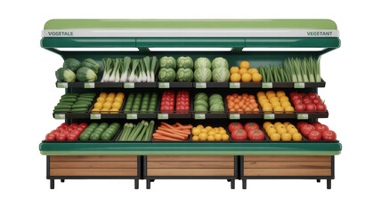 Supermarket produce aisle with a wide variety of fresh fruits and vegetables isolated on transparent background