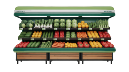 Supermarket produce aisle with a wide variety of fresh fruits and vegetables isolated on transparent background