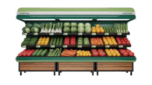 Supermarket produce aisle with a wide variety of fresh fruits and vegetables isolated on transparent background