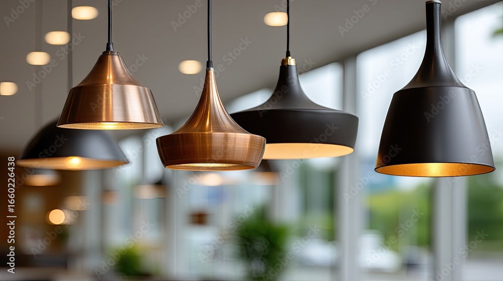 Poster hanging light fixtures with varied designs create an inviting atmosphere in a contemporary setting w