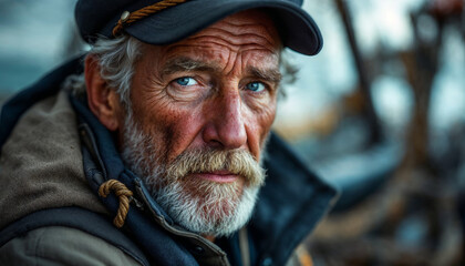 Obraz premium Detailed portrait of a seasoned sailor with rugged, confident maritime presence.