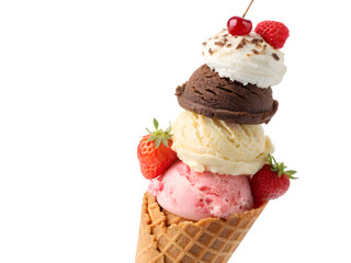 Delicious stacked ice cream cone with fresh berries and chocolate sprinkles