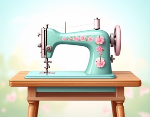A vintage-style sewing machine with delicate floral accents sits on a wooden table, exuding a sense of gentle artistry.