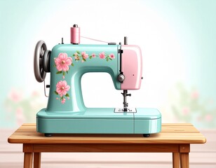 A vintage-style sewing machine, decorated with delicate floral patterns in soft pinks and pastels, sits attractively on a wooden table.