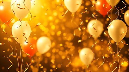 A festive golden frame filled with floating balloons and swirling confetti, capturing a lively celebration atmosphere.