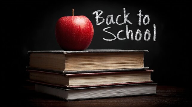 Back to school concept with red apple on stacked vintage books against dark chalkboard background symbolizing timeless academic tradition