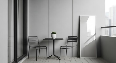 Minimalist Balcony with Table and Chairs in Modern Apartment.