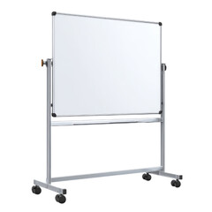 Mobile whiteboard with silver frame and black wheels rolling presentation, Isolated On Png Transparent Background
