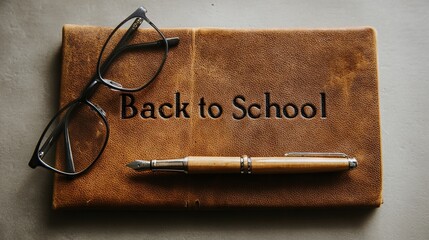 Back to school concept with leather notebook, fountain pen, and eyeglasses on desk symbolizing intellectual academic preparation