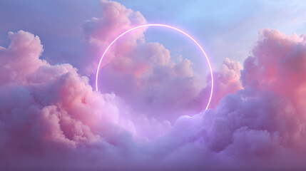 Ethereal neon portal amidst dreamy pastel clouds in a surreal sky