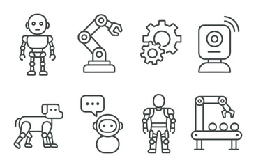 Robotics and artificial intelligence icons featuring robots, gear, and robotic arm