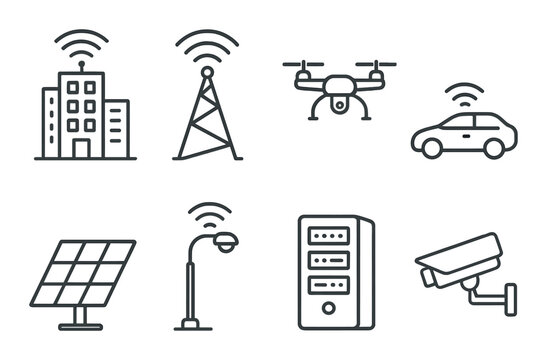 Smart city technology icons: building, antenna, drone, car, solar panel, lamp, server, cctv