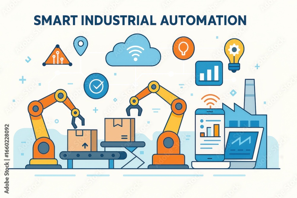 Poster smart industrial automation: streamlining processes with robotics and technology illustration