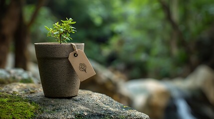 Biodegradable brown flower pot with green plant and eco tag balanced on a rock surface with soft forest backdrop