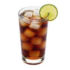 A cold glass of refreshing cola with ice cubes and a lime slice on a transparent background
