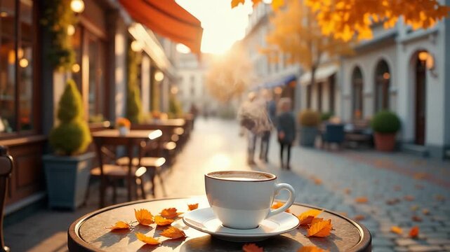 Steaming coffee cup creating a cozy mood on a cafe table against a blurred autumn city street background