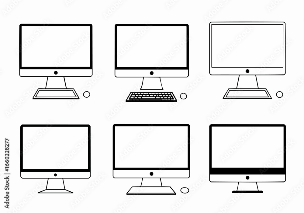 Poster minimalist black and white line art icons of desktop computer monitors and peripherals