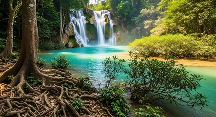Breathtaking turquoise waterfall cascading in serene tropical forest paradise location