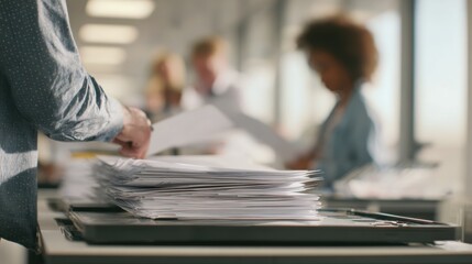Medium shot of a person scanning documents for DSAR processing with the scanner and papers sharp in the frame and coworkers blurred in the periphery.