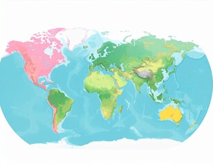 A colorful global map displays diverse geographic regions, shaded by climate and terrain.
