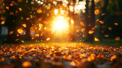 Golden autumn leaves are falling gracefully onto the forest ground, illuminated by a warm, radiant sun shining brightly through the trees.