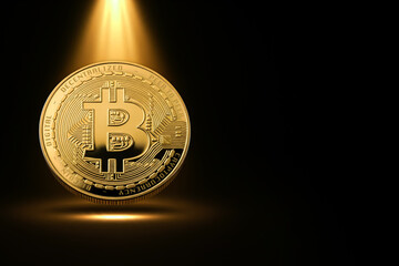 Golden bitcoin illuminated under spotlight in dark background, symbolizing power, digital wealth, blockchain revolution, futuristic money, innovation, finance, economic transformation