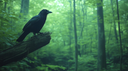 A majestic black crow perches on a weathered log in a lush green forest. The solitary bird gazes calmly into the serene woodland.