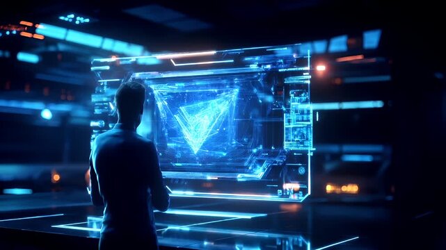 A cyberpunkthemed digital artwork featuring a person standing in front of a large, illuminated digital screen. The person is silhouetted against a backdrop of a futuristic cityscape.