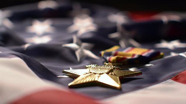 A gold medal of valor rests on an American flag, symbolizing military heroism.