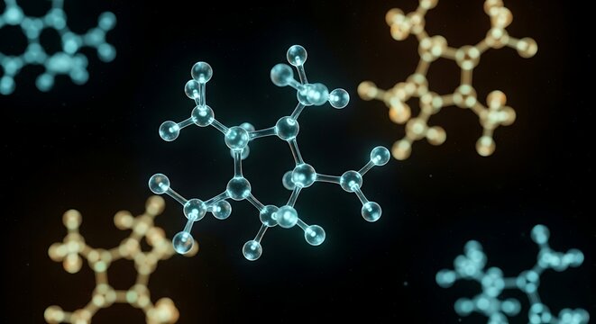 Molecular Structure Visualization with Glowing Atoms on Black Background.
