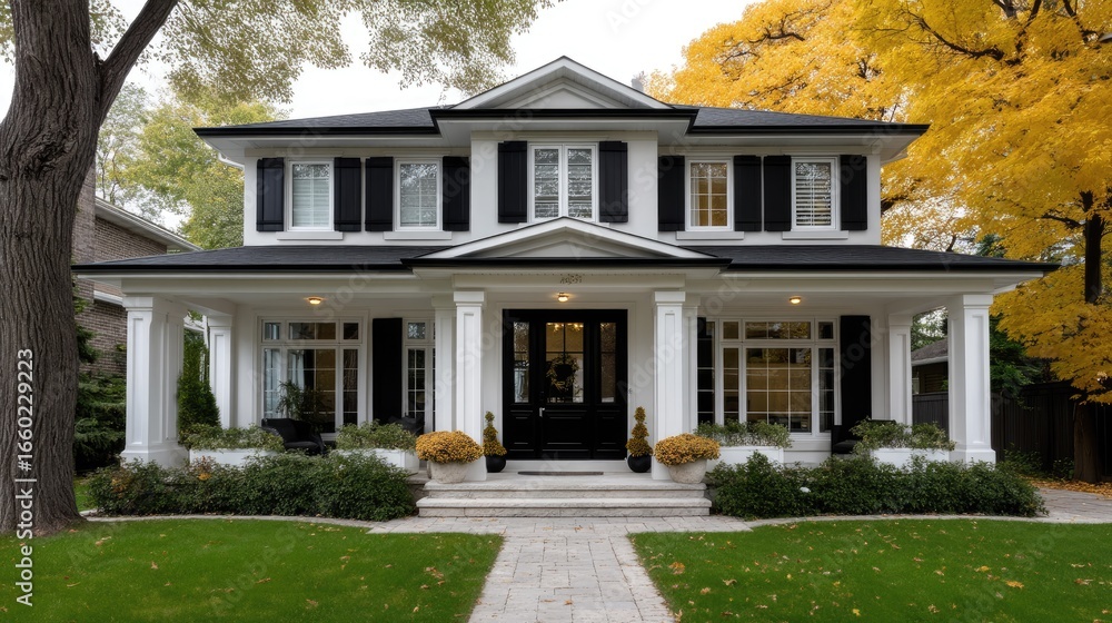 Poster this inviting house features classic architecture with a charming front porch and colorful foliage, 