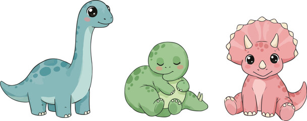 Cute baby dinosaurs brontosaurus triceratops ankylosaurus